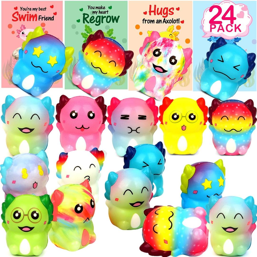 BLSFXROE 24 Pack Axolotl Squeeze Toys,Soft Stress Relief Fidget Toys with Cards & Bags,Party Favors Soft Stress Relief Toys For Kids Boys Girls (Red)