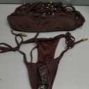 WDIRARA Women's 2 Piece Halter Tankini Set Cut Out Beaded Layered Fringe Tie Side Bathing Suit (Brown, XS)
