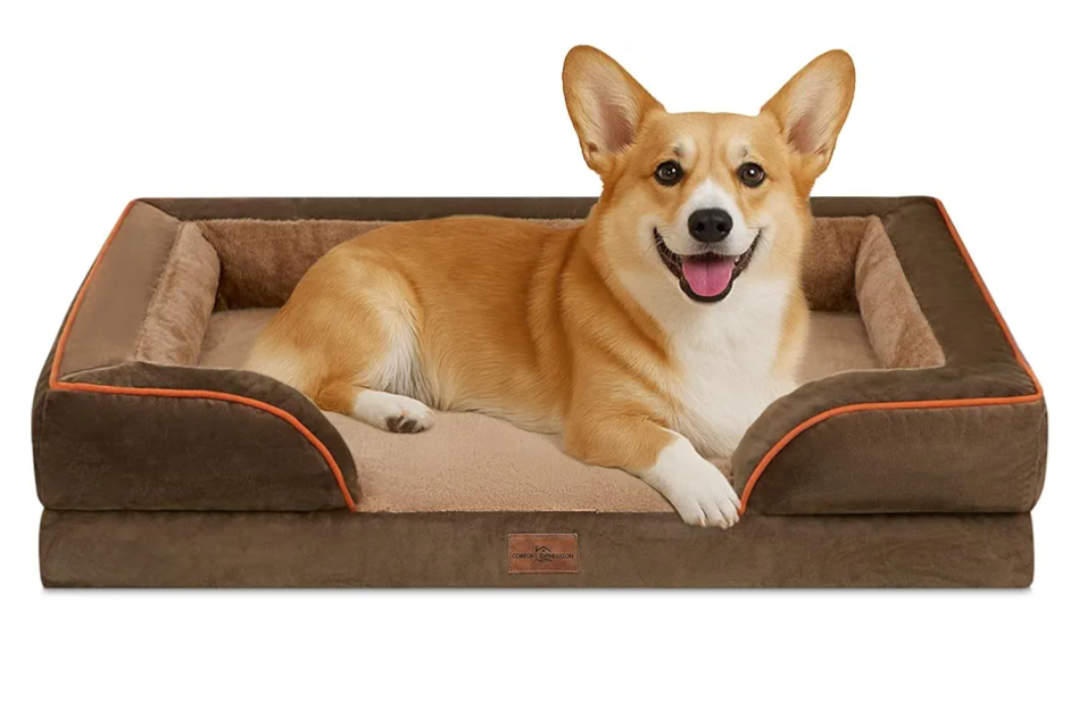 Comfort Expression Orthopedic Dog Bed for Large Dogs 35x22 Inch, Waterproof Supportive Egg Crate Foam Large Pet Bed with Removable Bolsters, Dog Couch with Washable Cover & Non-Slip Bottom, Brown