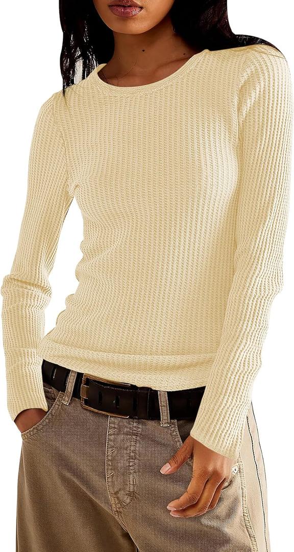 Jar of Love Long Sleeve Shirts for Women Waffle Knit Tops Crew Neck Thermal Shirts Fall Outfits Fahsion Clothes (Beige, L)