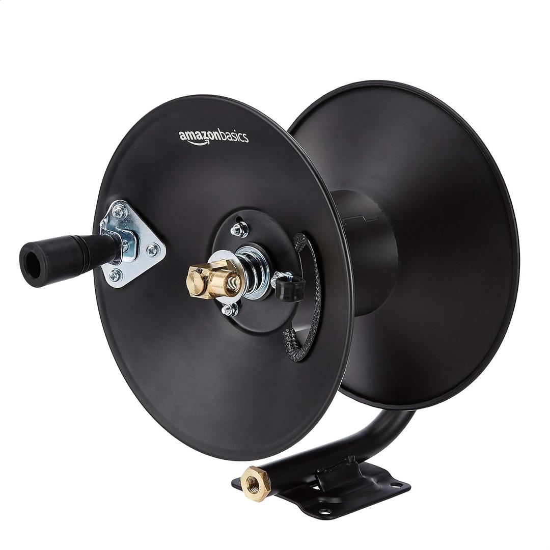 Amazon Basics Retractable Air Hose Reel - Fits 3/8-Inch 50-Feet Air Compressor Hoses, Portable, Works Well, 300PSI, Black, Hoses Excluded, Not for Water/Pressure Washers