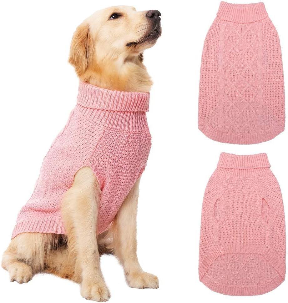 Mihachi Turtleneck Dog Sweater - Winter Coat Apparel Classic Cable Knit Clothes with Leash Hole for Cold Weather, Ideal Gift for Pet in New Year Flesh Pink Large