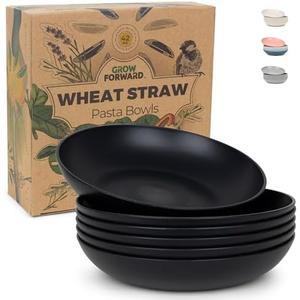 Grow Forward Premium Wheat Straw Pasta Bowls - 42oz Unbreakable Wide & Shallow Dinner Plate Bowls Set of 6 - Microwave Safe Reusable Plastic Pasta Bowls for Kids, Adults, Salad, Camping, RV - Midnight