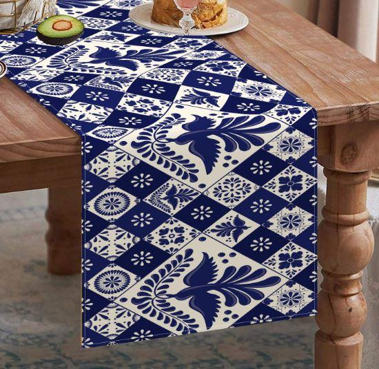 Mexican-Themed Table Runner - 100% Polyester, Colorful Variations - Da de Muertos, Cinco de Mayo, Mexican Culture & Traditions (Birds & Tiles) 13"x58"