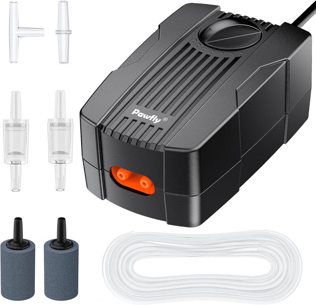 Pawfly Aquarium Air Pump Oxygen Pump for 10-200 Gallon Fish Tanks Buckets Dual Outlet Adjustable Ultra Quiet Aerator Pump with Accessories (60-120 gal)