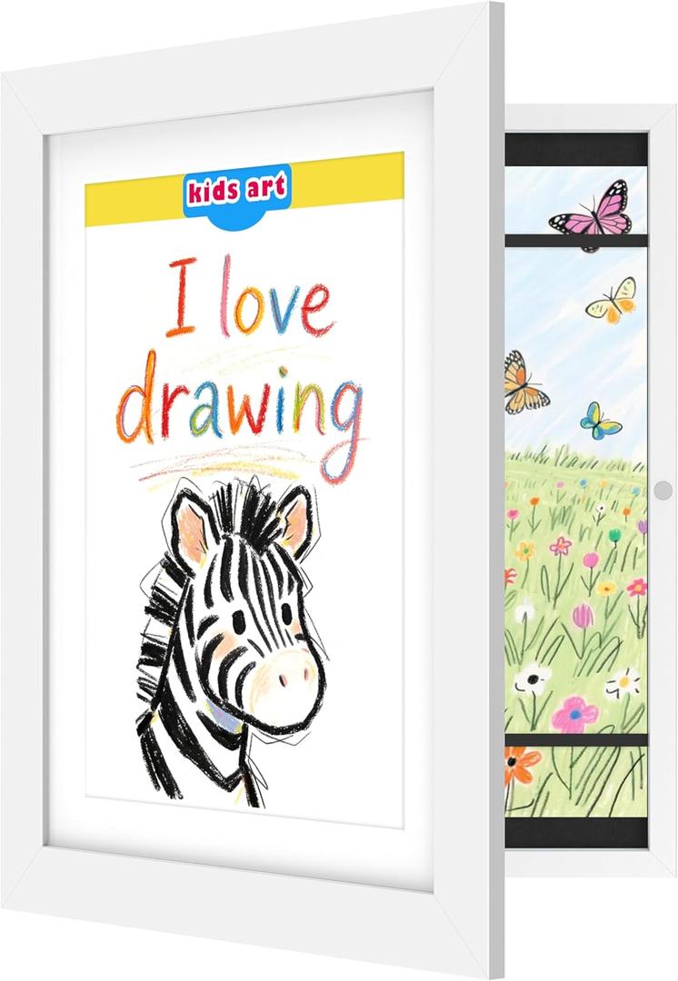 FrameWorks 10"x12.5" White Wooden Kids Art Frame with Magnetic Door – Display for 3D Artwork, Photos, Crafts – Gallery Style Edges Wall Decor for Home, Playroom, Easy Access Frame for Creativity