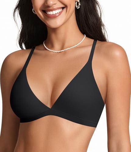 OEAK Womens Comfortable Triangle Bras No Underwire Sexy Plunge Unlined Bralette Pull On Bra Seamless Everyday Tshirt Bras Black, Size: M