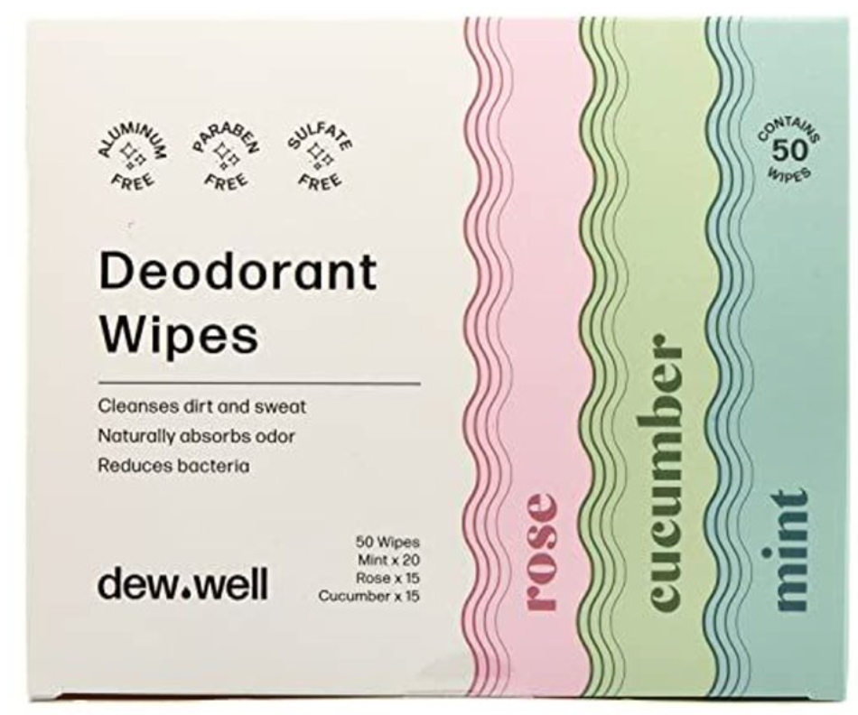 Dew Well - Refresh Deodorant Wipes - A Fresh Start When You’re On the Go - Aluminum, Paraben, and Sulfate Free - Variety Pack (Mint, Rose, and Cucumber) - 50 Individually Wrapped Wipes
