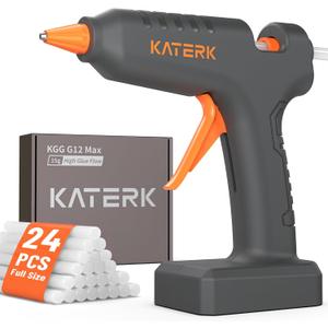 Katerk 12V Full Size Cordless Hot Glue Gun with 24 Glue Sticks, Drip-Free Fast Heating Rechargeable and Heavy Duty Battery Operated Glue Gun and Sticks Sets 11mm x24 for Crafts DIY, Repair, Gift (Grey)