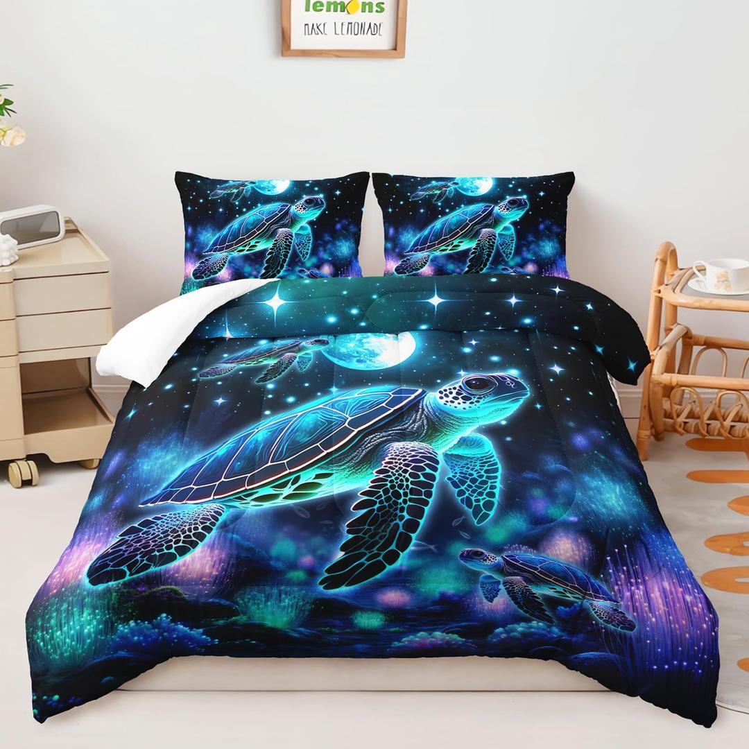 AILONEN Sea Turtle Comforter Set Full Size, Ocean Theme Bedding Coral Jellyfish 3 Pieces Printed Comforter Set for Boys Girls Bed in a Bag,Evening Starry Moon Turtle Quilt with 2 Pillowcases