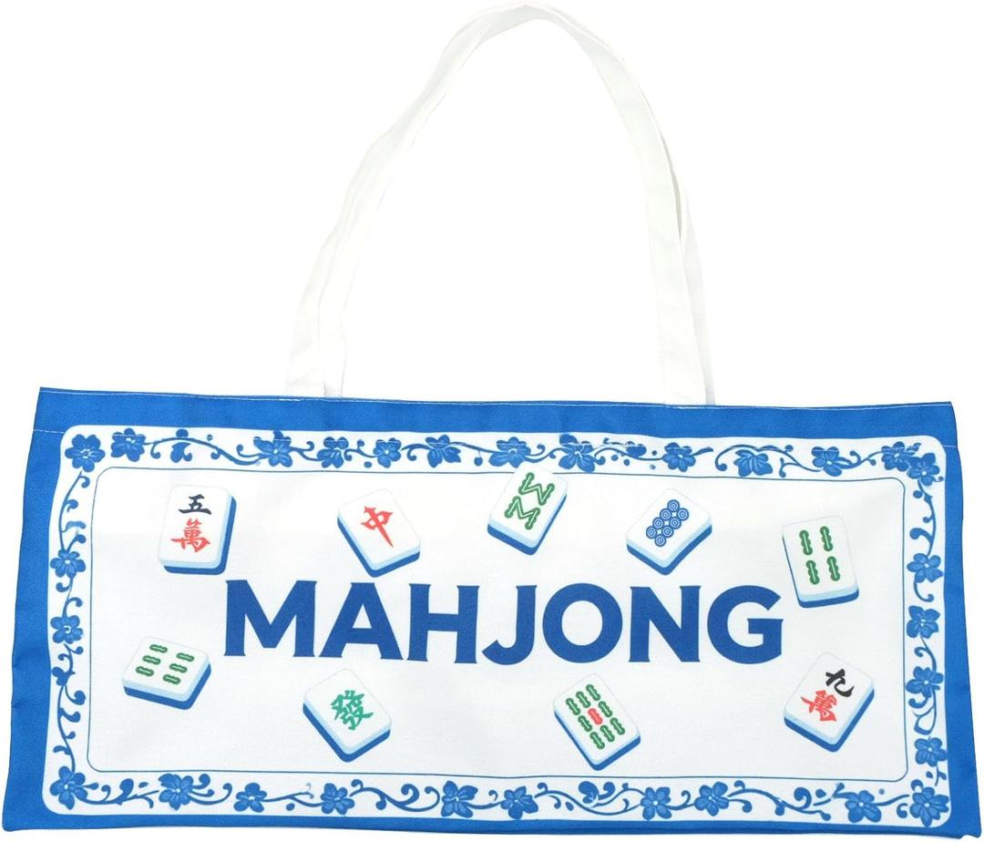 Mahjong Tile Bag - Canvas Organizer Holds 166 Tiles & 4 Racks, Extra Wide Zippered Storage with Dual Handles (Blue)