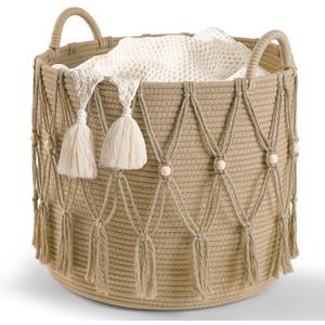 Blanket Basket for Living Room Decor Storage Basket for Toy Organizer Boho Decor Baskets for Modern Farmhouse Decor Small Laundry Basket for Bedroom and Laundry Room Organization,Beige
