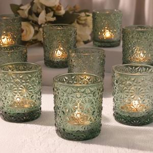 Green Votive Candle Holder Set of 12, Flower Tea Lights Candles Holders for Wedding Table Decor, Birthday Parties, Vintage Home Decor, Bridal Shower and Holiday Decorations