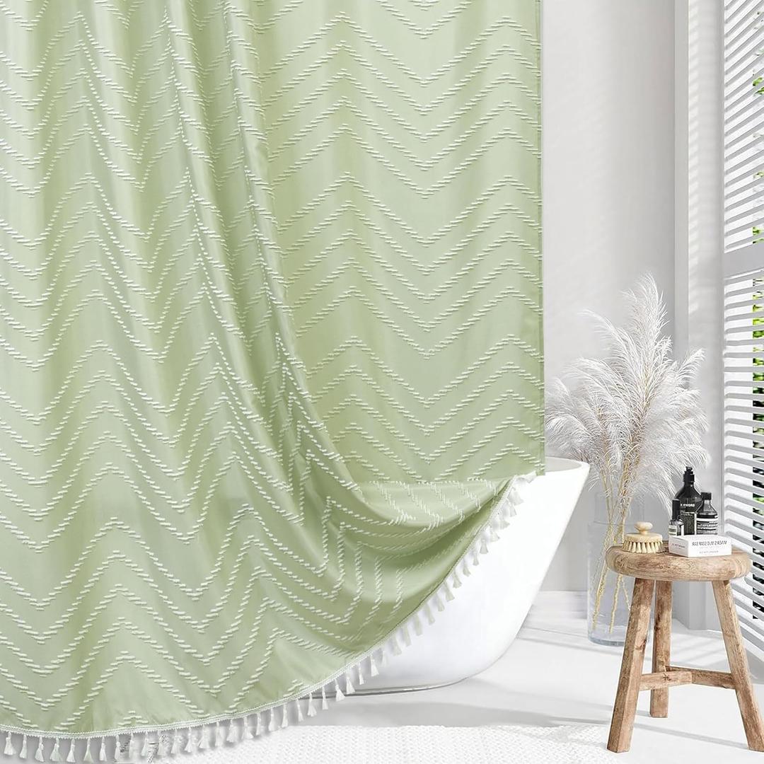 Boho Shower Curtain with White Tassel Woven Fabric Sage Green Shower Curtain 72 x 72 Modern Farmhouse Textured Tufted Chevron Striped Minimalist Bathroom Shower Curtain