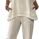 Women's Linen 2 Piece Outfits Rolled Sleeves Tops Wide Leg Trouser Pants Suits Summer Casual Dressy Linen Sets. Size S