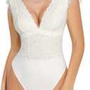 Popilush Lace Body Suits Women - Tank Top Thong Shapewear Tummy Control Going Out Tops Deep V Neck BodySuit (Medium, White)