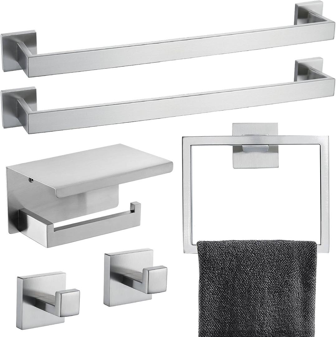 Brushed Nickel Bathroom Towel Bar Set Bathroom Accessories Hardware Set Including Double Towel Bar Towel Ring Coat Hook and Toilet Paper Holder with Shelf. Wall Mounted Stainless Steel