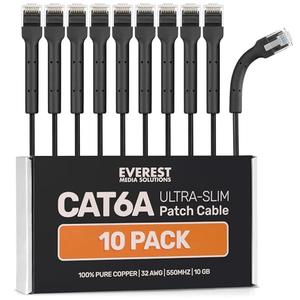 Everest Ultra Slim Cat6a Ethernet Patch Cables 5 ft (10-Pack) Black - 10GB Cat 6a Patch Cable - Bendable, Flexible & Thin Ethernet Cable - Space Saving 32AWG 550MHZ Cat6a Cables - 100% Copper Wires
