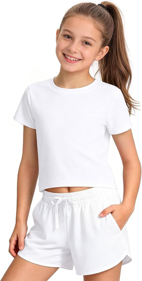 HASMES Girls Crop Tops Athletic Short Sleeve Round Neck Basic Tees for Kids 7-14Y (White)