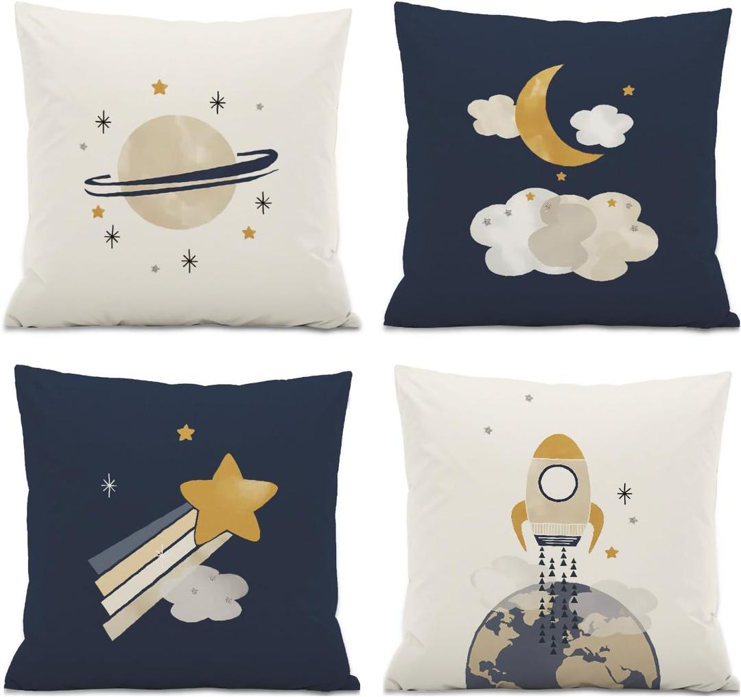 Kids Bedroom Space Decorative Pillow Covers,Spaceship Galaxy Theme Throw Pillow Covers Decor for Boys Toddler Baby Room Playroom Classroom Nursery,18x18 Inch Pillowcase Set of 4