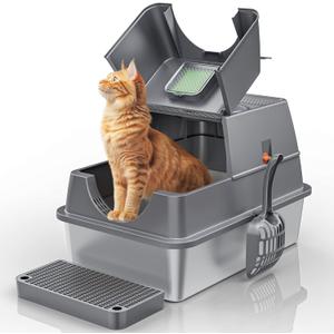 Covered Stainless Steel Litter Box with Lid Large Enclosed High Sided Hooded Metal Steel Cat Litter Box with Steps Scoop, Easy Cleaning, Odor Control, Front Entry Top Exit (Dark Grey)