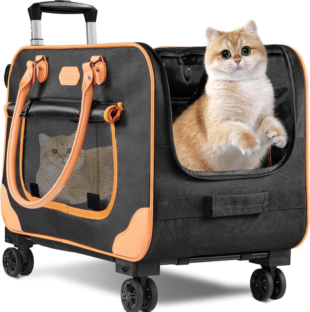 Large Cat Carrier with Wheels, Rolling Cat Carrier, 24.5"x 13.8"x 15.4" Pet Carrier with Wheels for Large Cats Small Dogs up to 38 LBS, Ideal for Travel, Walking and Camping(NOT for TSA) (Black)