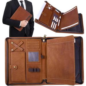 Genuine Leather Professioal Business Portfolio Padfolio Folder with Zipper, Conference Meeting Executive File Legal Document Organizer for Men, Work Portfolio for Meeting and TravelBrown