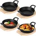 4 Sets Small Cast Iron Skillet with Wooden Base, 6.3 Inch Mini Cast Iron Skillet Pan Round Fajita Plate Hot Steak Pot Dish for Stove, Oven (6.3 Inch)