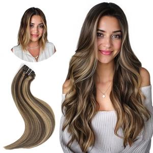 Hyssiet 22 Inch Clip-in Real Human Hair Extensions,7 Pieces with 16 Clips,Chocolate Brown Highlighted Caramel Blonde 105 Gram Silky Straight Hair,Remy Thick Invisible, No Shedding