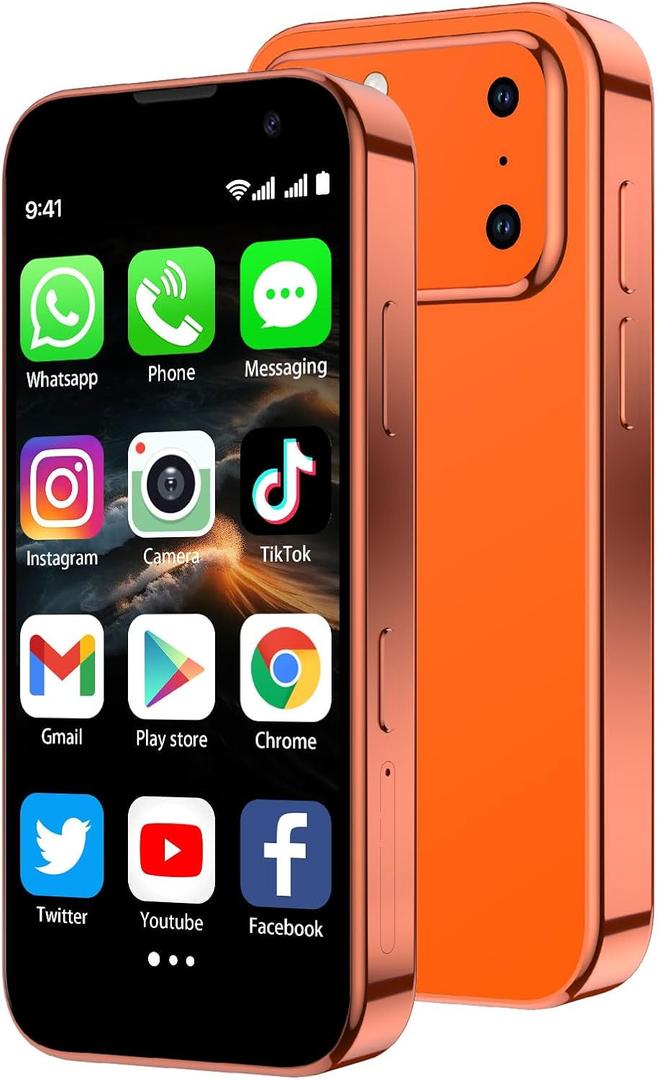 Mini Smartphone 3.0" HD Touchscreen - Unlocked Android Compact Mobile Phone for Kids & Students | Smallest Cell Phone for Travel Backup & Digital Detox | WiFi, GPS, Face ID, Dual SIM, 3G-Orange