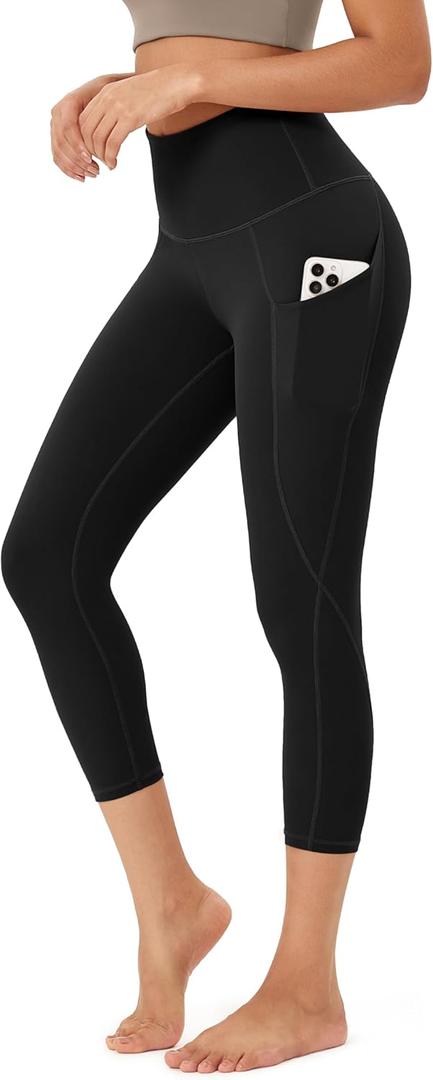 ODODOS Women's High Waisted Yoga Leggings with Pockets, Tummy Control Non See Through Workout Athletic Running Yoga Pants (Black)