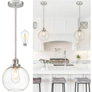 Bagood 8 Inch Nickel Hanging Pendants Light Contemporary Globe Pendant Kitchen Island Modern Pendant Lights with Clear Glass Adjustable Hanging Light Fixture for Dining Room Bedroom (Bulb Incl.)