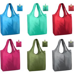 BeeGreen Colorful Reusable Grocery Bags 6 Pack, Heavy Duty Totes for Women, Foldable Grocery Bag Large Shopping Totes with Handles for Work, Travel, Gift, Store, Polyester Washable Reusable Tote Bag