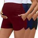3 Pack Women's Maternity Biker Shorts Pregnancy Shorts Pocket Cotton High Waisted Over Belly Running Athletic Bottom (X-Large, Wine Red, Navy Blue, Black)