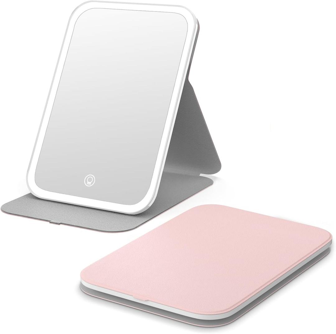 Kintion Travel Makeup Mirror, Portable LED Lighted Makeup Mirror, 360 Rotation Touch Screen Vanity Mirror, 60 LEDs, 3-Color Dimmable Lighting, Rechargeable Tabletop Folding Cosmetic Mirror, Pink