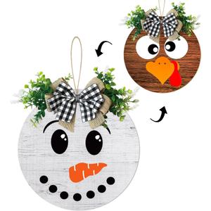 Thanksgiving/Winter Hanging Door Sign, Turkey/Snowman Reversible Door Wreath Hanging Decorations for Front Door Farmhouse Thanksgiving/Winter/Christmas Decorations Indoor Outdoor