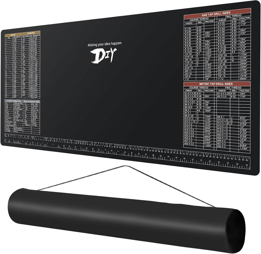 39.5X18 DIY Worktable Mat Large Work Bench Mat Workshop Mat Workbench Cover with SAE/Metric Ruler Standard Metric Conversion Charts Tap Drill Sizes Fit for DIYers Carpenter Repairman