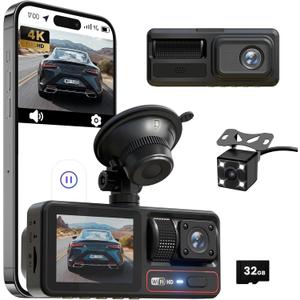 3 Channel Dash Camera for Cars,Triple Lens 4K+1080P+1080P Dash Cam Front Rear Inside,Built-in 5G WiFi & App, Night Vision,24H Parking Mode,Loop Recording,170 Wide Angle,32GB Card Included(Black)