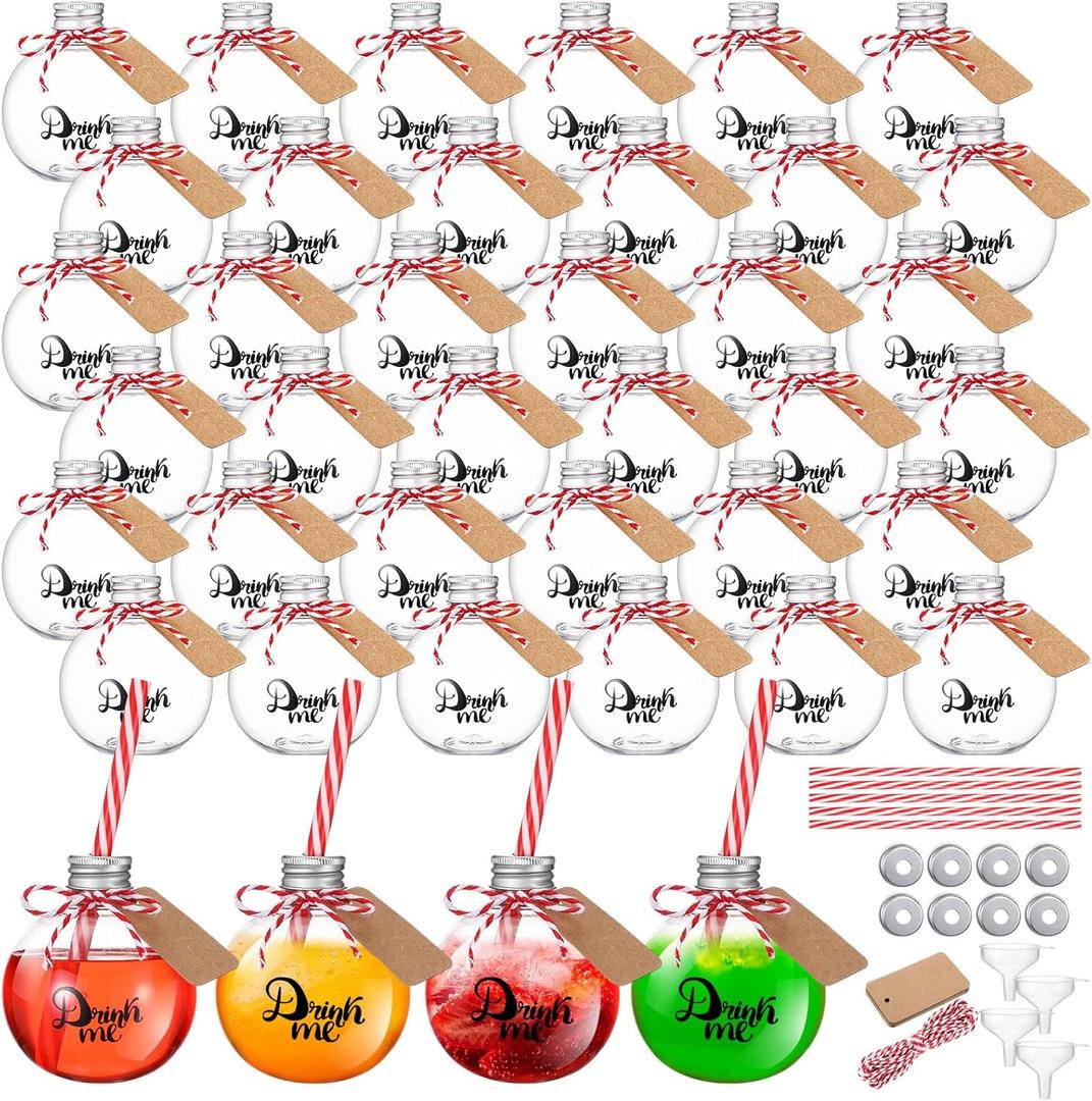 Baderke 30 Pcs 6 oz Plastic Potion Bottles for Drinks Christmas Ornament Drink Balls with Straw and Tags Plastic Refillable Cocktail Decorate Ball(Silver,Drink Me)