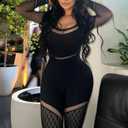 Women's Sexy Mesh One Piece Jumpsuit High Stretch Rave Long Sleeves Clubwear Bodysuit Party Night Outfits (Black)