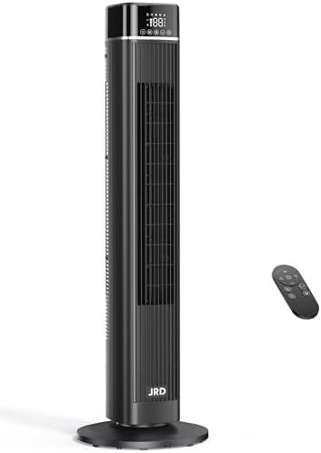 JRD Tower Fan, 90° Oscillating Fans with Remote, 40'' Quiet Cooling Fan with 3 Speeds,4 Modes,12H Timer, LED Display, 27ft/s Velocity, Bladeless Standing Fan Floor Fan for Bedroom Home Office Indoor