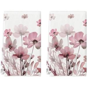 Artoid Mode Pink Poppy Floral Leaves Spring Kitchen Towels Dish Towels, 18x26 Inch Farmhouse Summer Decoration Hand Towels Set of 2