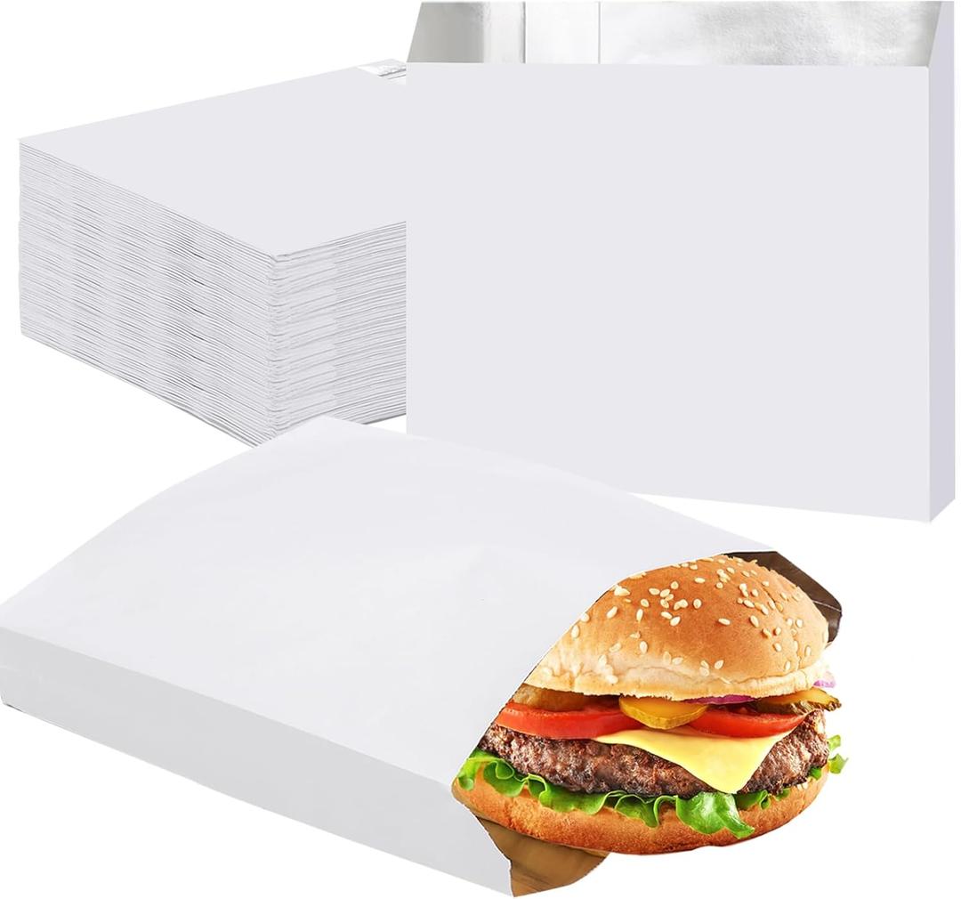 EUSOAR Grease Bag Disposable, 100pcs 6.7"x6.7"x1.2" White Aluminum Foil Hamburger Sandwich Wrappers Bags, Grease Resistant Food Storage Packaging Bag for Hot Food, Bakery Cookies, Snack