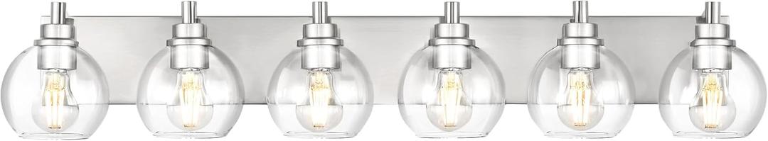 Bathroom Light Fixtures, 6 Light Brushed Nickel Vanity Light, 38 Inch Modern Wall Sconces with Globe Clear Glass Shade, Vanity Lighting Fixtures Over Mirror, VL195-BN-6