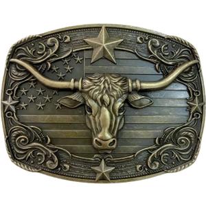 Western Belt Buckles for Men Cowboy Belt Buckle American Flag Belt Buckles Longhorn bull Gold