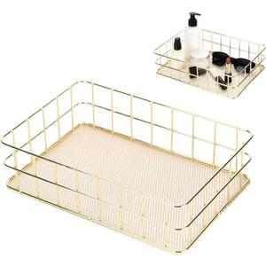 Gold Wire Mesh Basket, Iron Storage Tray Desktop Storage Baskets Gold Wire Basket Large Storage Bins for Home Kitchen Decoration, 9.6 X 6.5 X 2.6 In