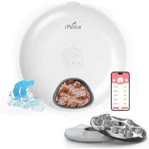 iPettie Donut Frost WiFi 6 Meal Automatic Wet Food Feeder with Ice Packs for Senior and Week Pets, App Control Programmable Timer, Holds 6 x ½ lb. of Food, White, Stainless Steel and PlasticTray