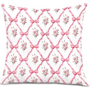 Coquette Pink Bow Floral Pillow Covers 18x18, Coquette Preppy Girly Room Decor, Aesthetic Pink Ribbon Bow Flower Decorative Throw Pillow Covers for Girls Bedroom Dorm