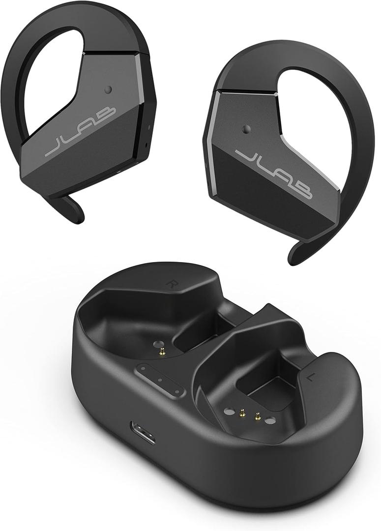 JLab Open Sport Open-Ear Wireless Earbuds, Black, Flexible Earhook, Bluetooth Multipoint, Dual Connect, Safe Listening, Optional Glasses Clip, 24+ Hours Battery Life, Custom EQ Sound Settings