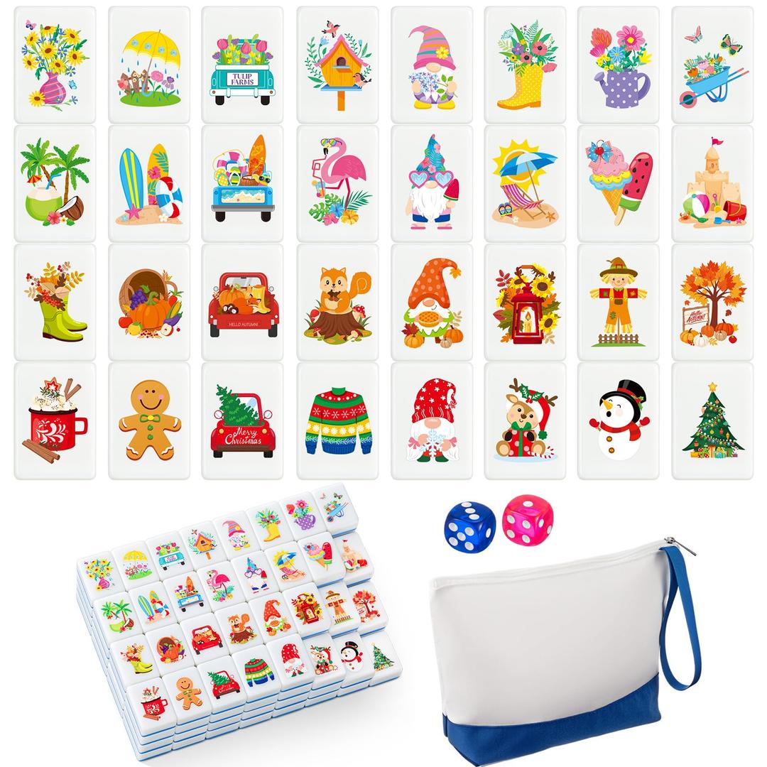 Soulchen 129 Pack 4 Players Mahjong Block Set(1.2'') Tiles Push Game Portable Travel Blue Mahjong Tiles Set with Carry Bag for Spring Summer Family Friends Party Game Gift, 32 Seasonal Pattern